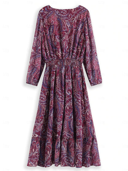 Women's Paisley Metallic Crinkle Chiffon Elastic Waist Midi Dress