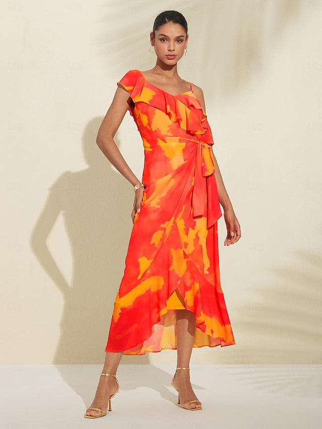 Ruffled Tie-front Asymmetric Chiffon Midi Dress