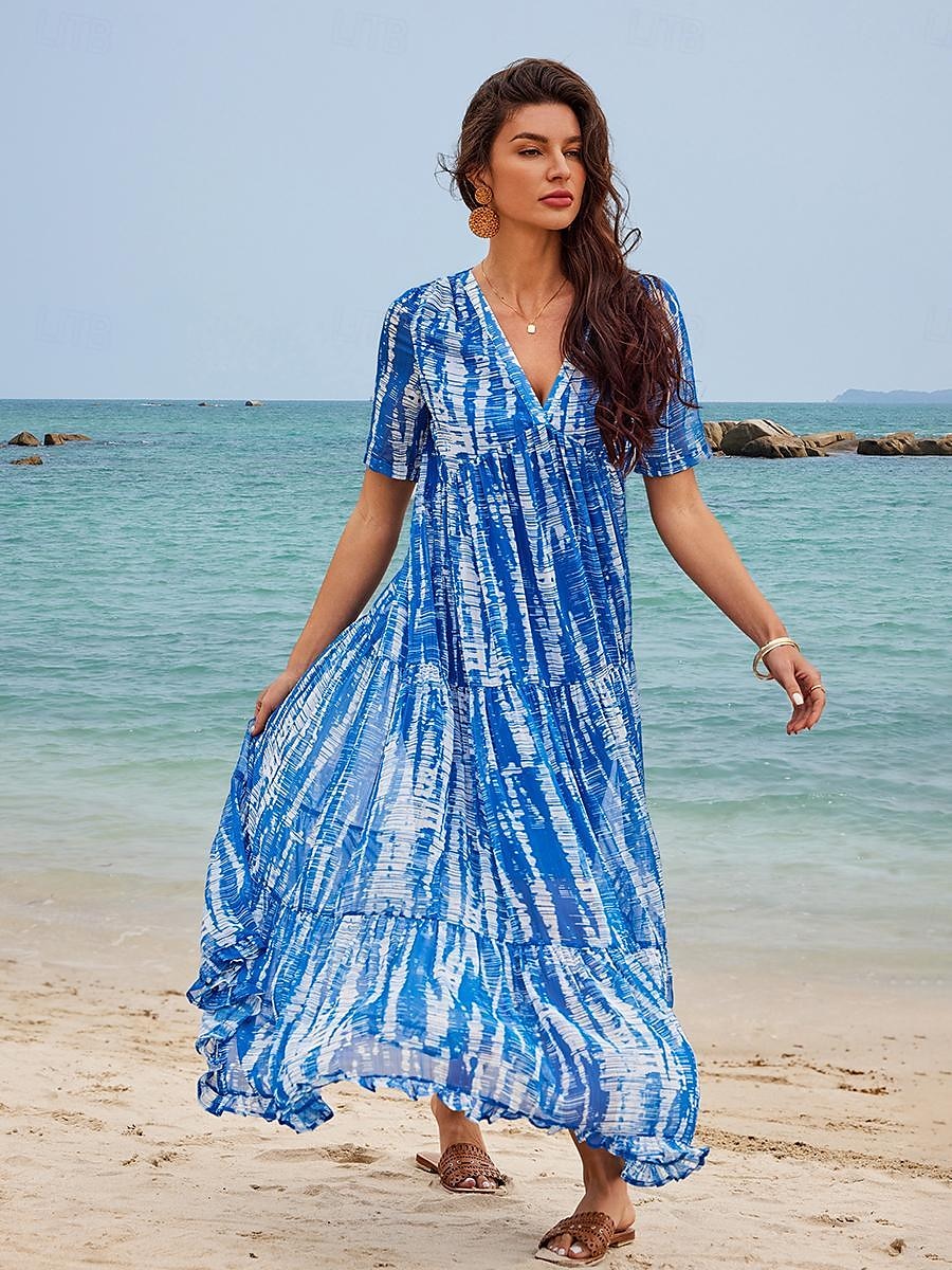 Women's Chiffon Casual Dress Print V Neck Long Dress Maxi Dress Vacation Beach Short Sleeve Summer
