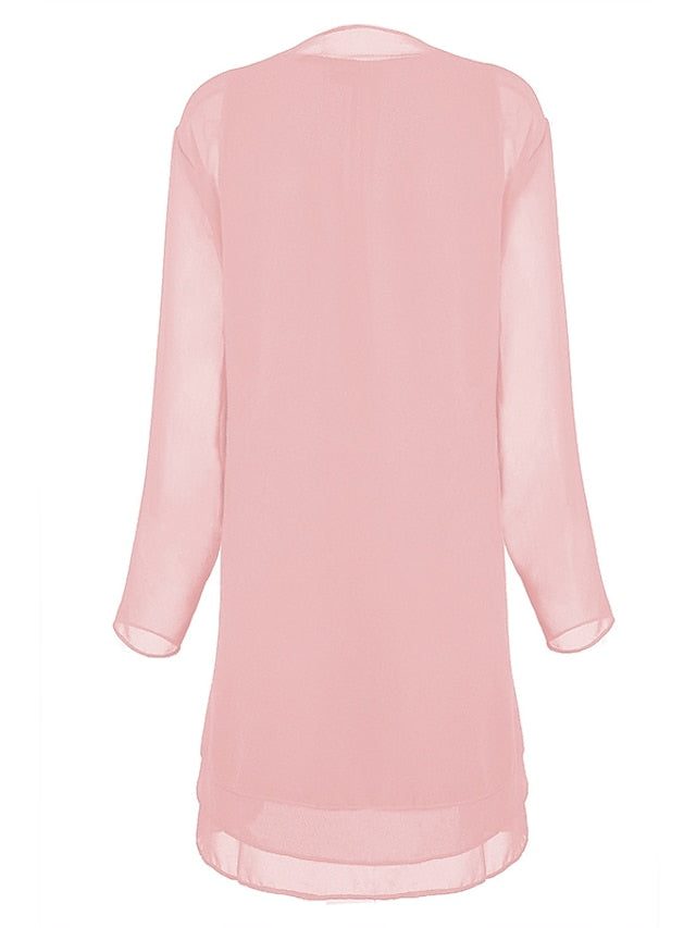 Women's Dress - Dress Set Two Piece Dress Church Dress Midi Dress Light Pink Black Wine Long Sleeve Pure Color Chiffon Summer Spring Crew Neck Stylish Winter Dress Fall Dress 2023 XL XXL 3XL 4XL 5XL