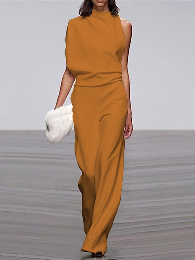 Jumpsuits for Women Summer Dressy High Waist Solid Color Stand Collar Business Office Work Elegant Regular Fit Sleeveless Black White Yellow S M L Summer - LuckyFash™