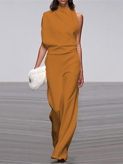 Jumpsuits for Women Summer Dressy High Waist Solid Color Stand Collar Business Office Work Elegant Regular Fit Sleeveless Black White Yellow S M L Summer - LuckyFash™