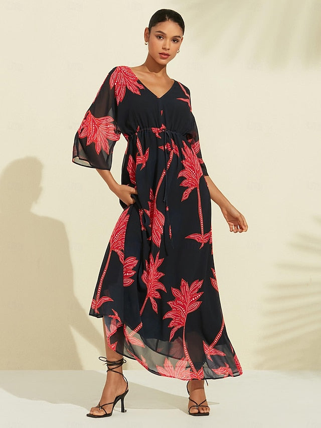 Chiffon Leaf Flower Print V Neck Maxi Dress