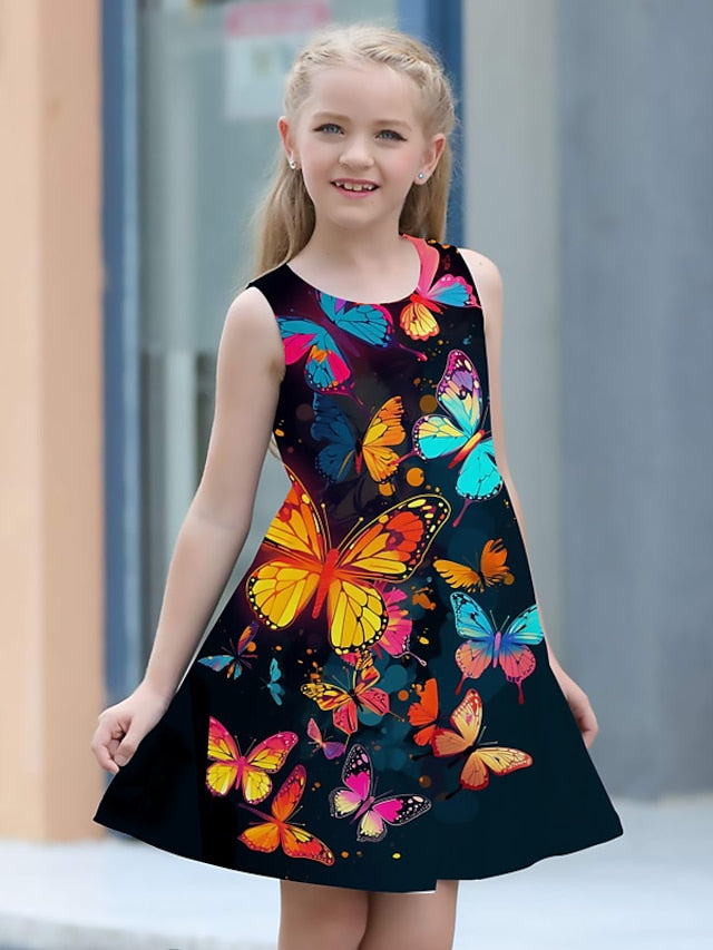 Girls' Casual Dress A Line Dress Tank Dress Sleeveless Graphic Butterfly 3D Printed Graphic Dresses Cute Casual Sweet Above Knee Polyester Dress Summer Spring Kids Sports & Outdoor Daily Holiday - LuckyFash™