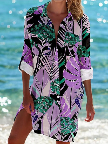 Hawaiian Shirt Women's Shirt Blouse Floral Casual Holiday Beach Button Print Purple Long Sleeve Vacation Hawaiian Beach Shirt Collar Spring &  Fall