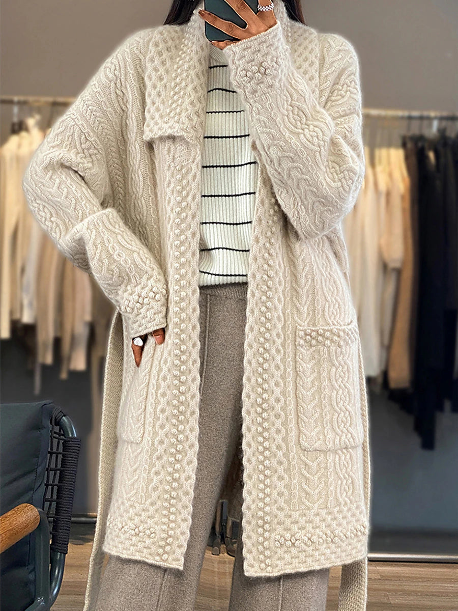 Women's Cardigan Sweater Jumper Cable Knit Long Lace up Button Solid Color Shirt Collar Stylish Casual Outdoor Holiday Fall Winter Beige S M L