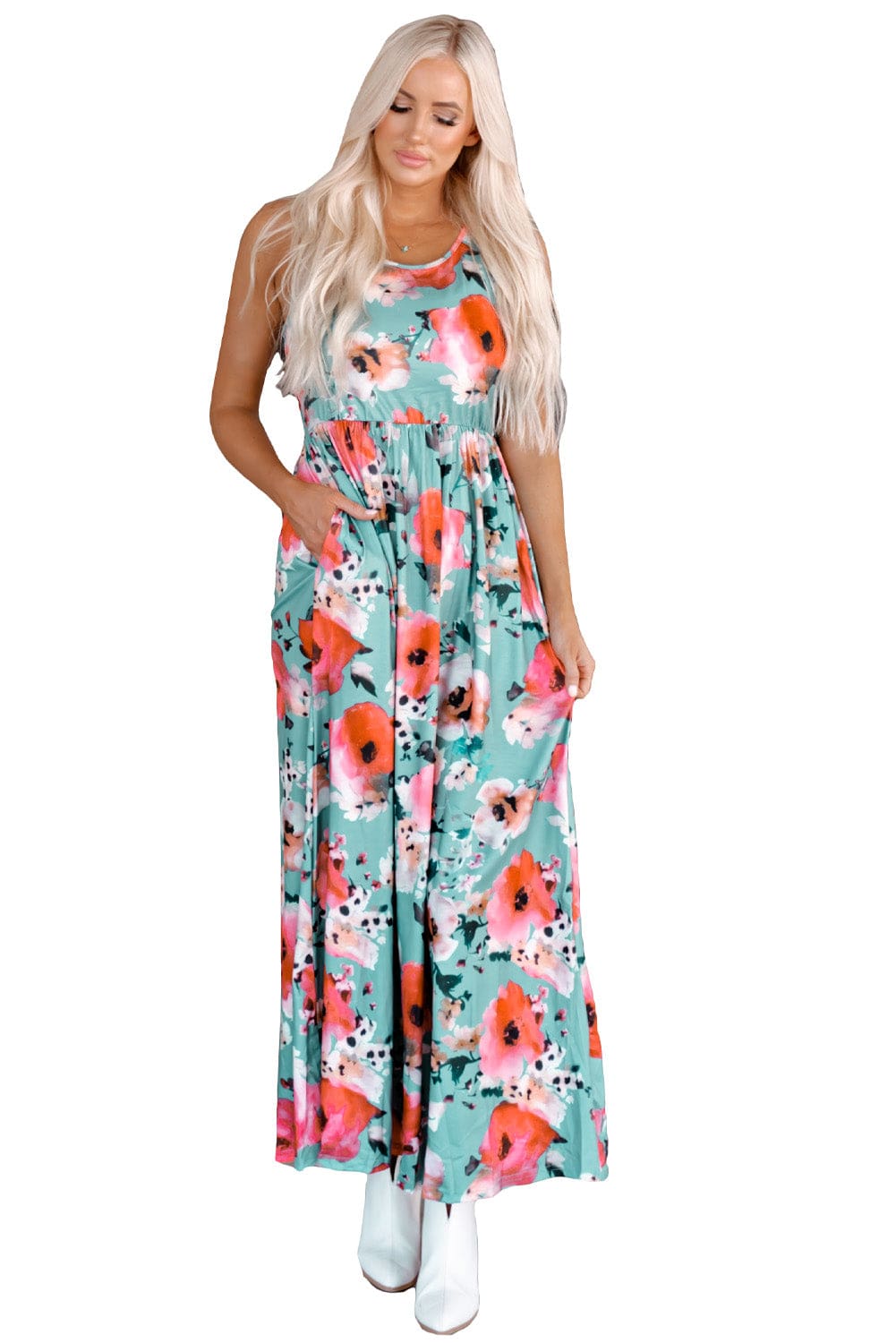 High Neck Floral Print Tie Long Sleeve Dress
