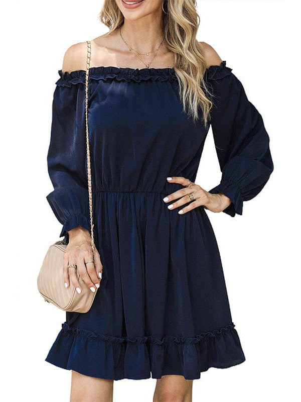 High Waist One-Line Collar Dress with Long Lantern Sleeves
