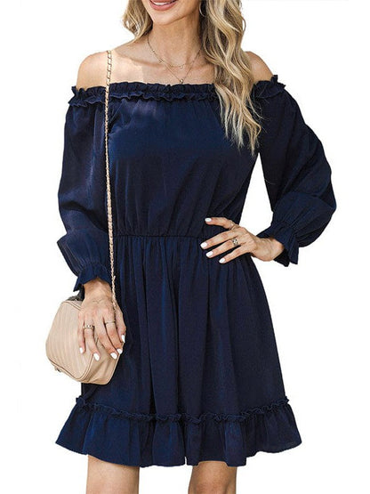 High Waist One-Line Collar Dress with Long Lantern Sleeves