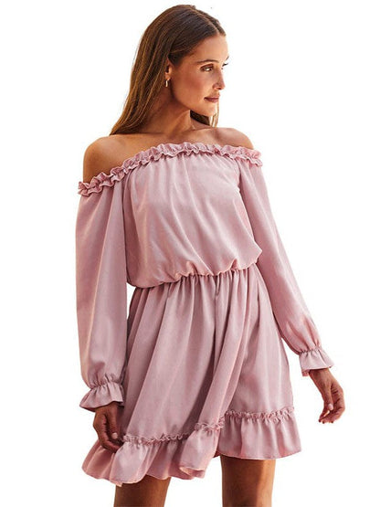 High Waist One-Line Collar Dress with Long Lantern Sleeves