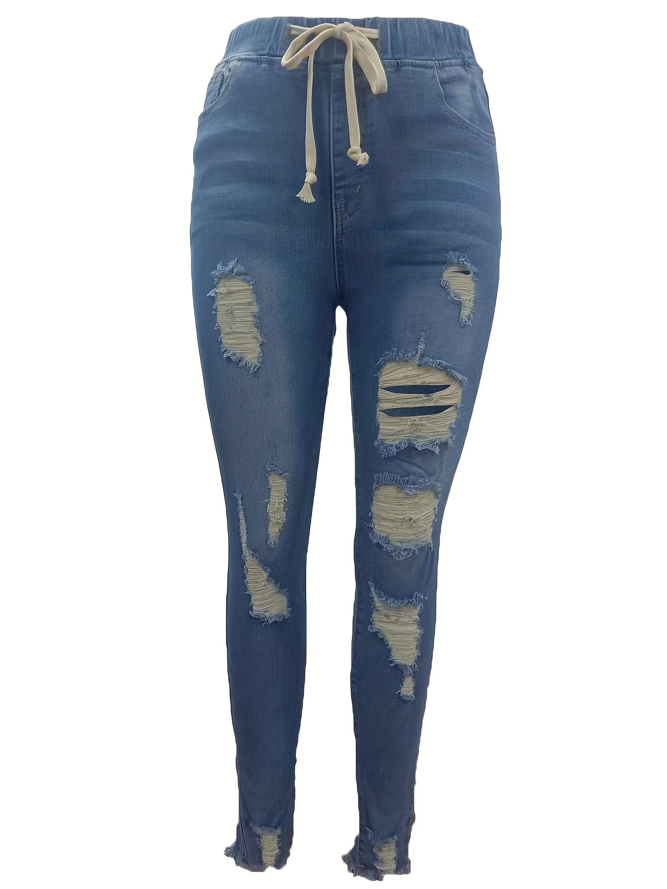 High Waist Raw Hem Ripped Skinny Casual Denim Jeans