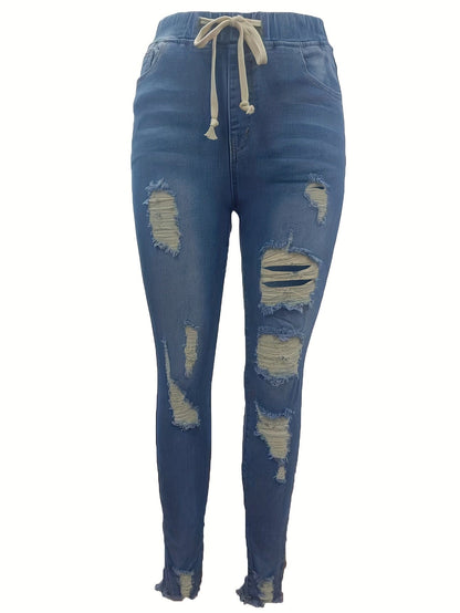 High Waist Raw Hem Ripped Skinny Casual Denim Jeans