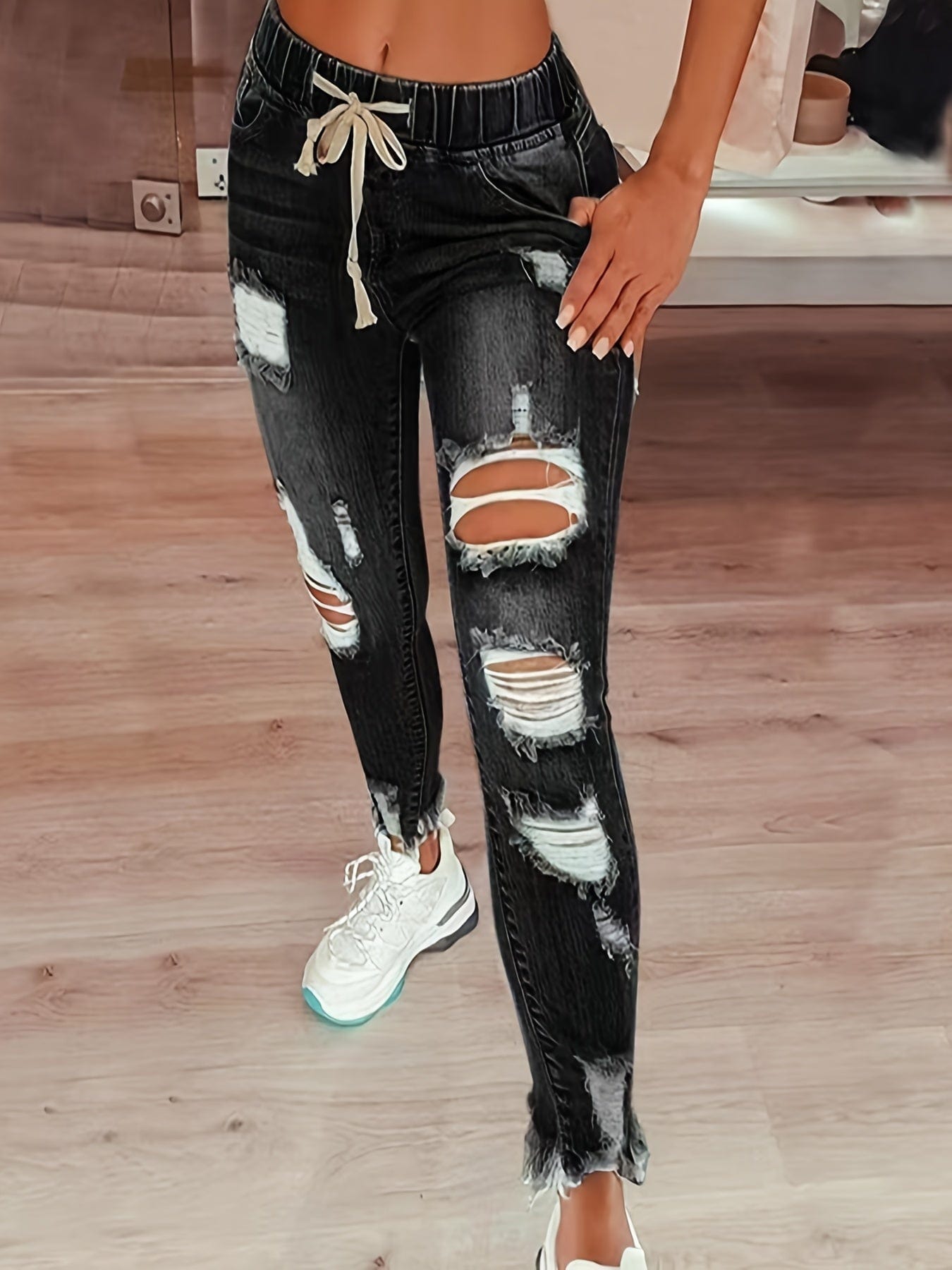 High Waist Raw Hem Ripped Skinny Casual Denim Jeans