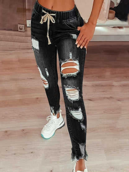 High Waist Raw Hem Ripped Skinny Casual Denim Jeans
