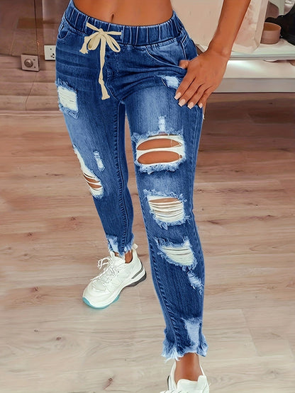 High Waist Raw Hem Ripped Skinny Casual Denim Jeans