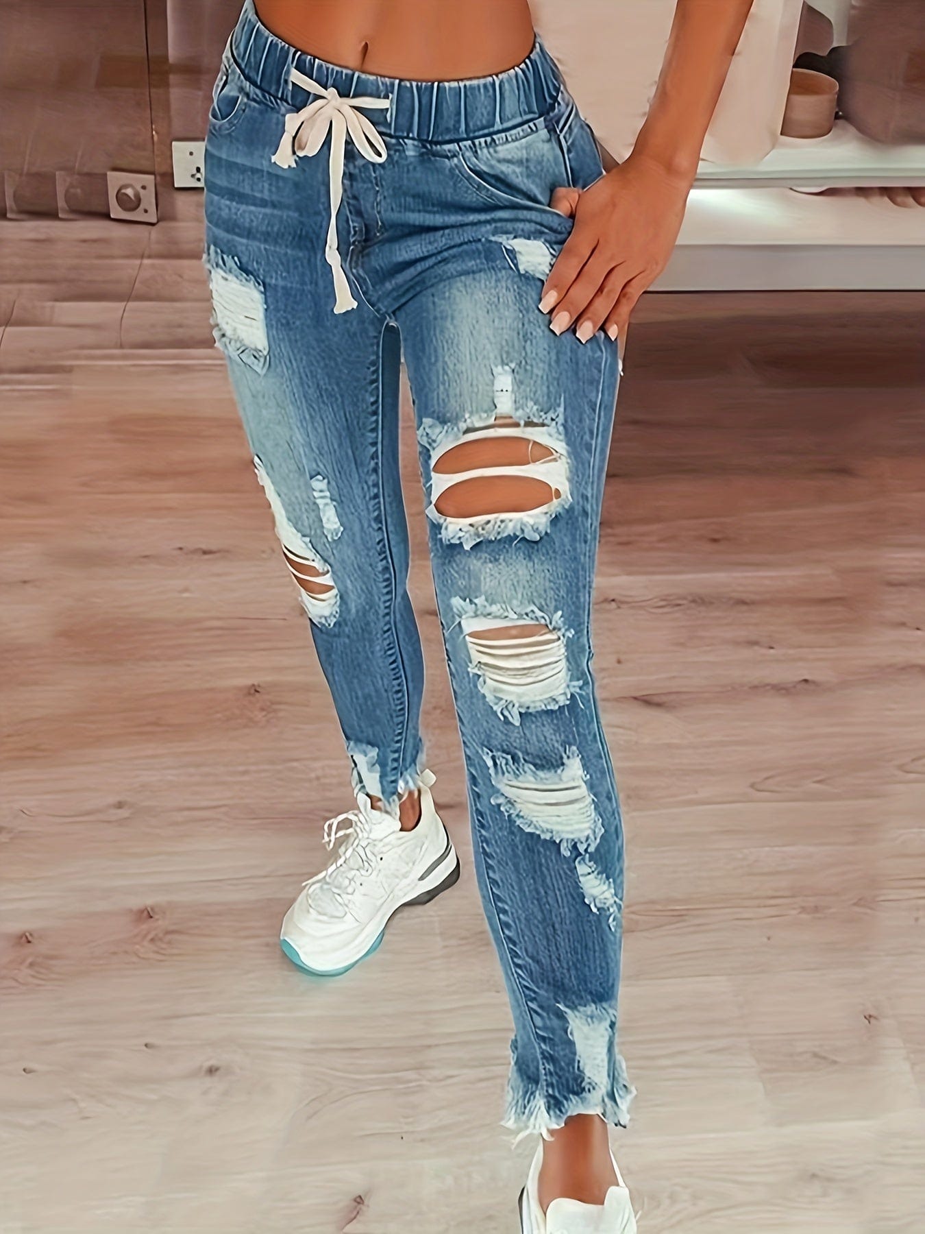 High Waist Raw Hem Ripped Skinny Casual Denim Jeans