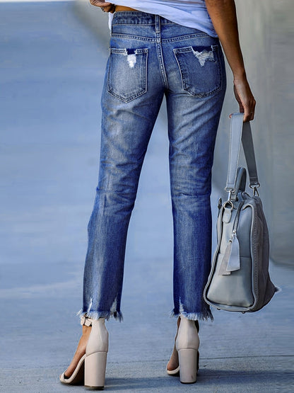 High Waist Ripped Raw Hem Skinny Casual Denim Jeans