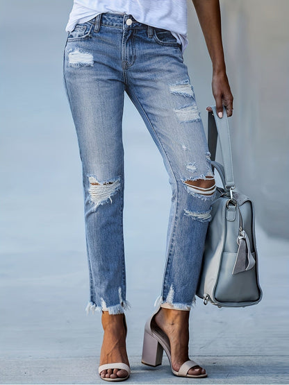 High Waist Ripped Raw Hem Skinny Casual Denim Jeans