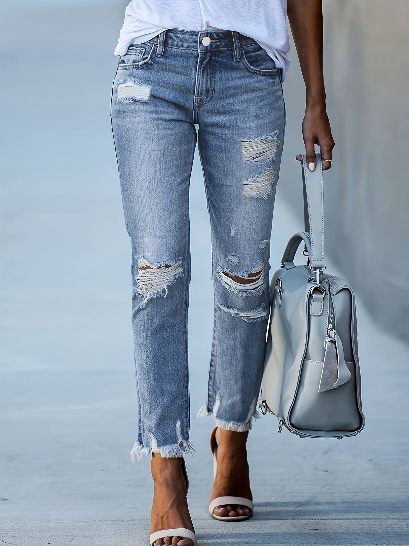 High Waist Ripped Raw Hem Skinny Casual Denim Jeans