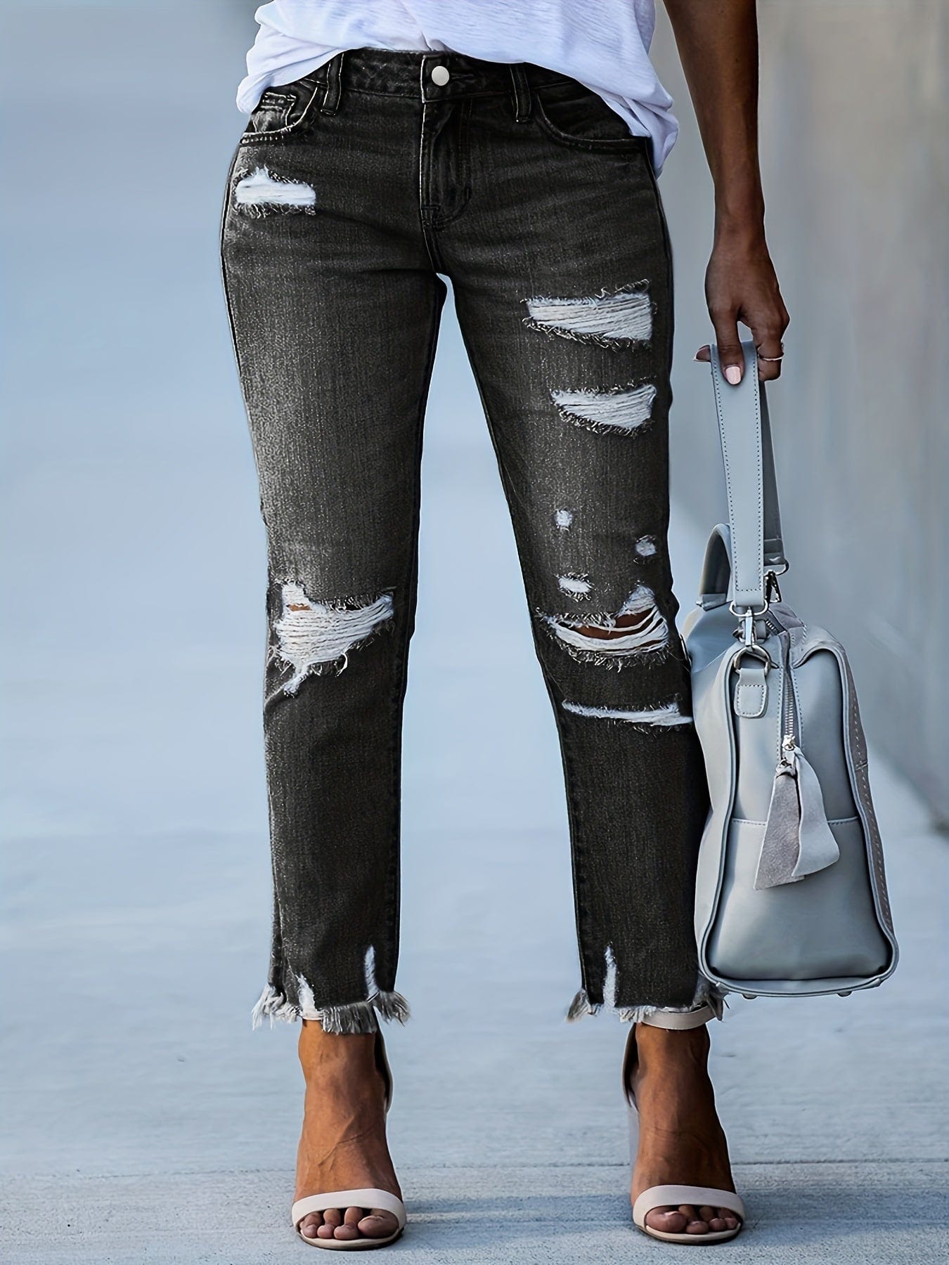 High Waist Ripped Raw Hem Skinny Casual Denim Jeans