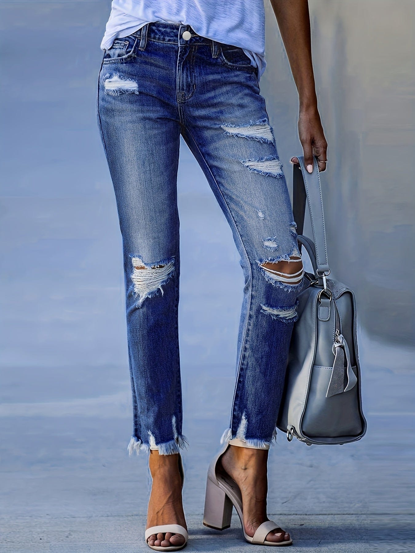 High Waist Ripped Raw Hem Skinny Casual Denim Jeans