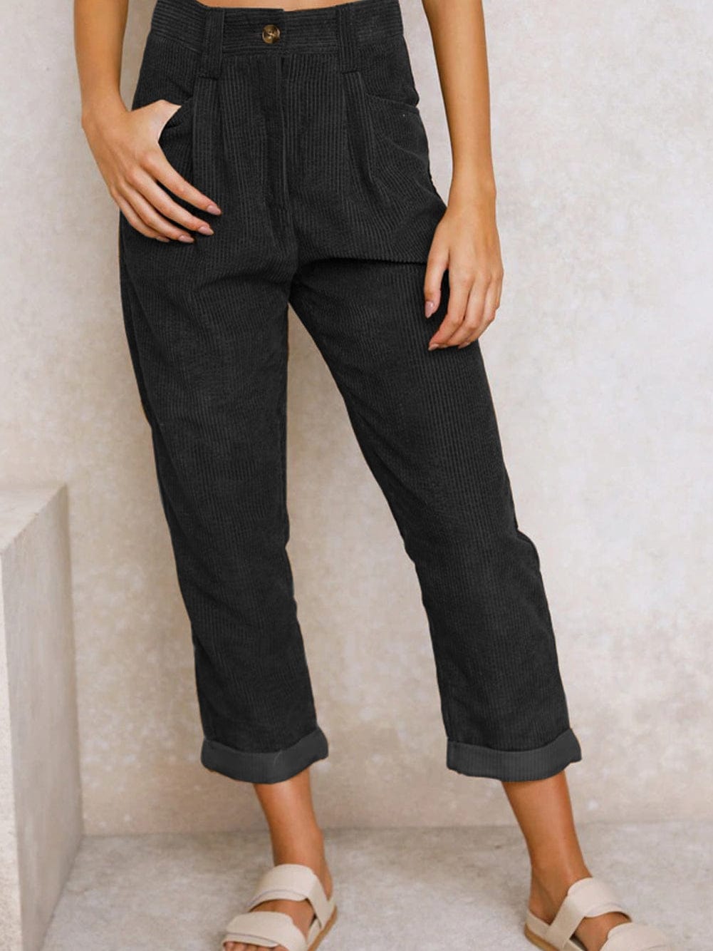High Waisted Straight Leg Corduroy Trousers in Black