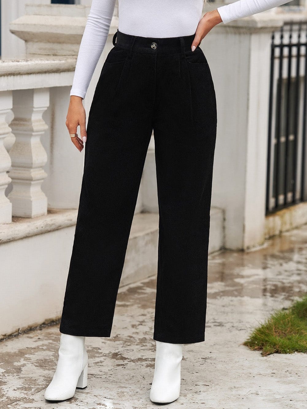 High Waisted Straight Leg Corduroy Trousers in Black