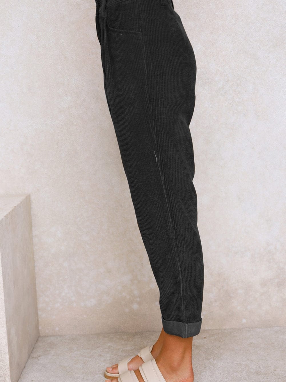 High Waisted Straight Leg Corduroy Trousers in Black