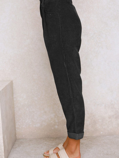 High Waisted Straight Leg Corduroy Trousers in Black