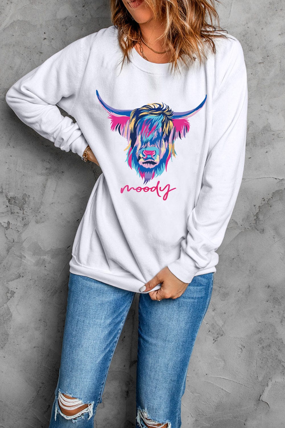 Highland Heifer Print White Sweatshirt for Western Style Fans