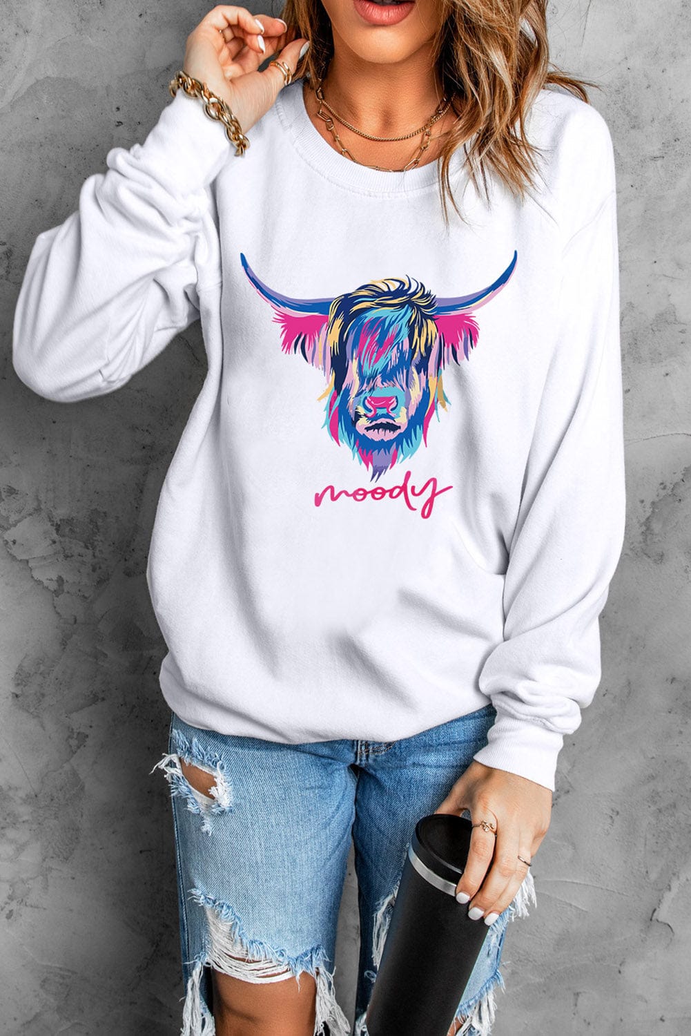Highland Heifer Print White Sweatshirt for Western Style Fans