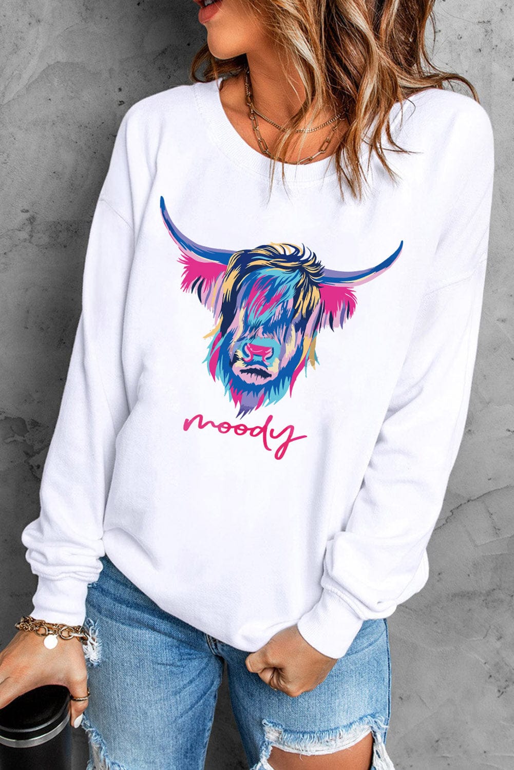 Highland Heifer Print White Sweatshirt for Western Style Fans