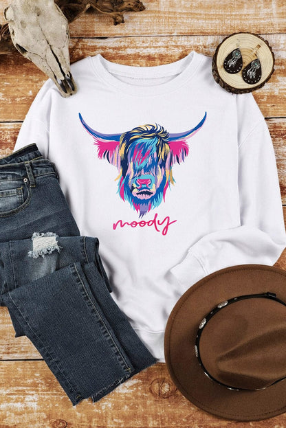 Highland Heifer Print White Sweatshirt for Western Style Fans