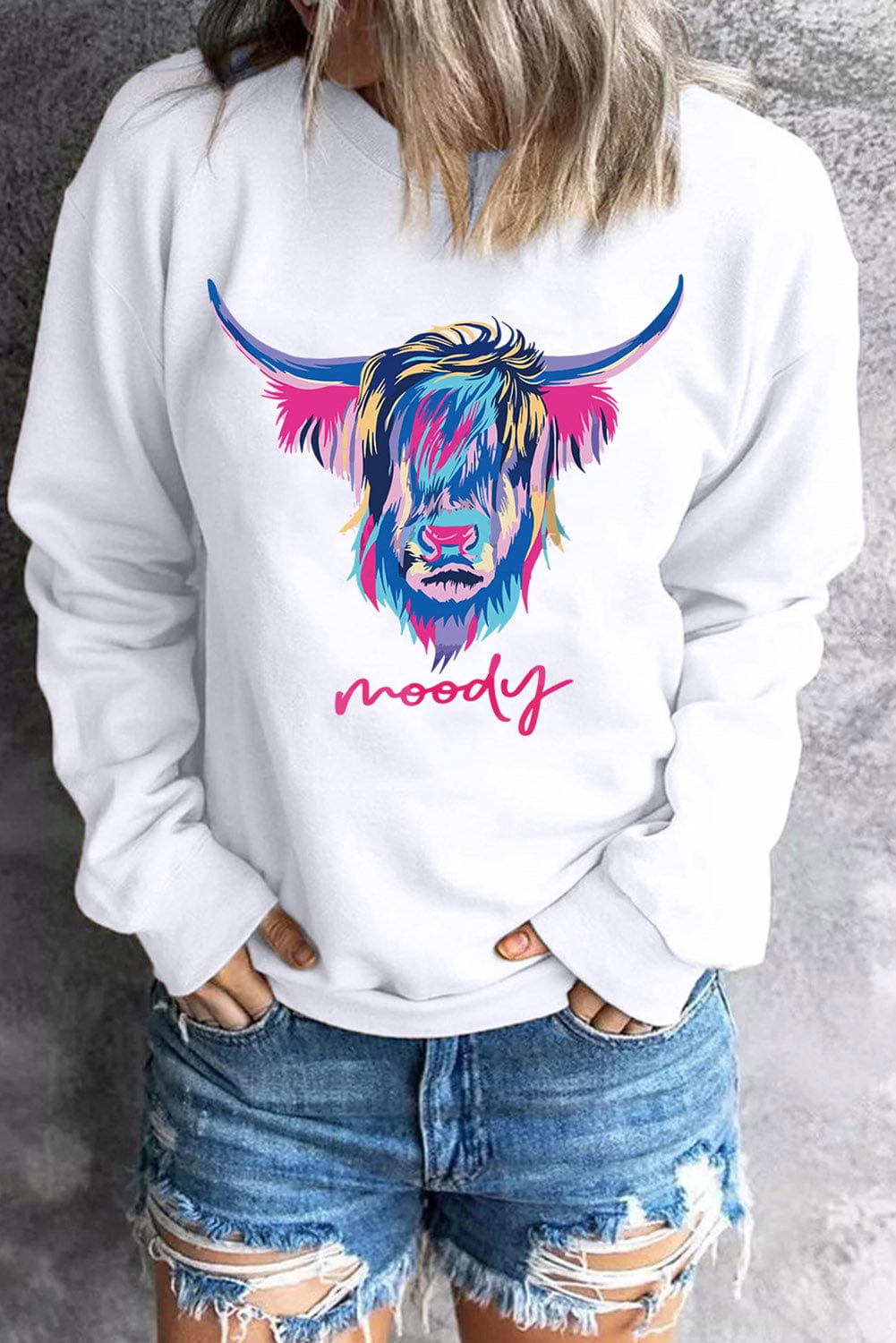 Highland Heifer Print White Sweatshirt for Western Style Fans