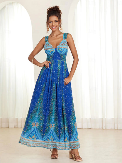 Women's Chiffon A Line Dress Slip Dress Print V Neck Maxi Dress Boho Date Vacation Sleeveless Summer