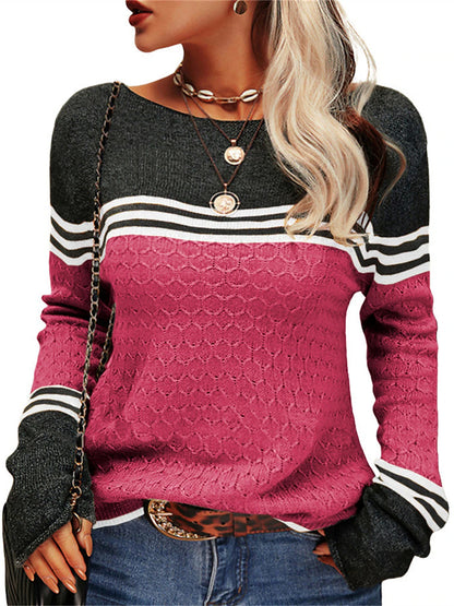 Women's Pullover Sweater Jumper Crew Neck Ribbed Knit Acrylic Patchwork Fall Winter Regular Outdoor Daily Going out Stylish Casual Soft Long Sleeve Color Block Striped Black White Pink S M L