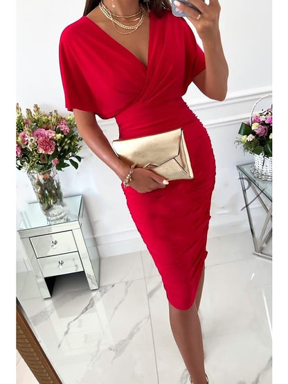 Women's Dress - Bodycon Midi Dress Red Green Beige Short Sleeve Pure Color Patchwork Spring Summer V Neck Stylish 2023 S M L XL XXL