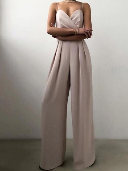 Jumpsuits for Women Sexy Party Elegant Wedding Holiday V Neck Strap 2023 Green White Black Solid Color Layered Zipper Patchwork / Wide Leg - LuckyFash™