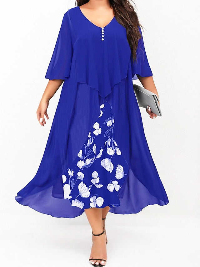Women's Plus Size Curve Work Dress Floral V Neck Ruched 3/4 Length Sleeve Spring Summer Work Elegant Midi Dress  Layered Formal Vacation Dress - LuckyFash™