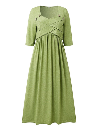 Women's Dress - Casual Dress Pleated Dress Plain Dress Plain Ruched Pocket Square Neck Midi Dress Fashion Modern Daily Vacation 3/4 Length Sleeve Regular Fit Pink Purple Green Summer Spring S M L XL XXL