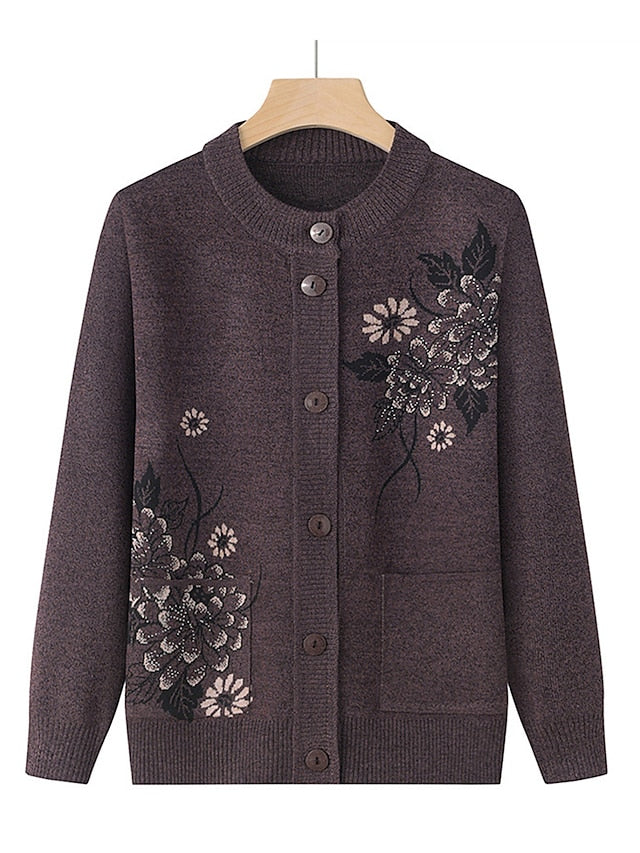 Women's Cardigan Sweater Crew Neck Ribbed Knit Polyester Button Pocket Fall Winter Outdoor Holiday Going out Stylish Casual Soft Long Sleeve Floral claret Grass Green Leather Pink XL 2XL 3XL