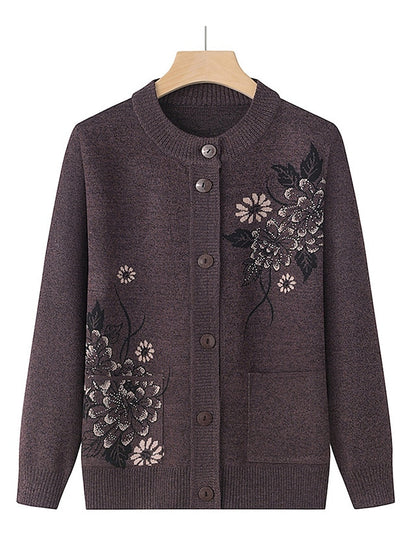 Women's Cardigan Sweater Crew Neck Ribbed Knit Polyester Button Pocket Fall Winter Outdoor Holiday Going out Stylish Casual Soft Long Sleeve Floral claret Grass Green Leather Pink XL 2XL 3XL