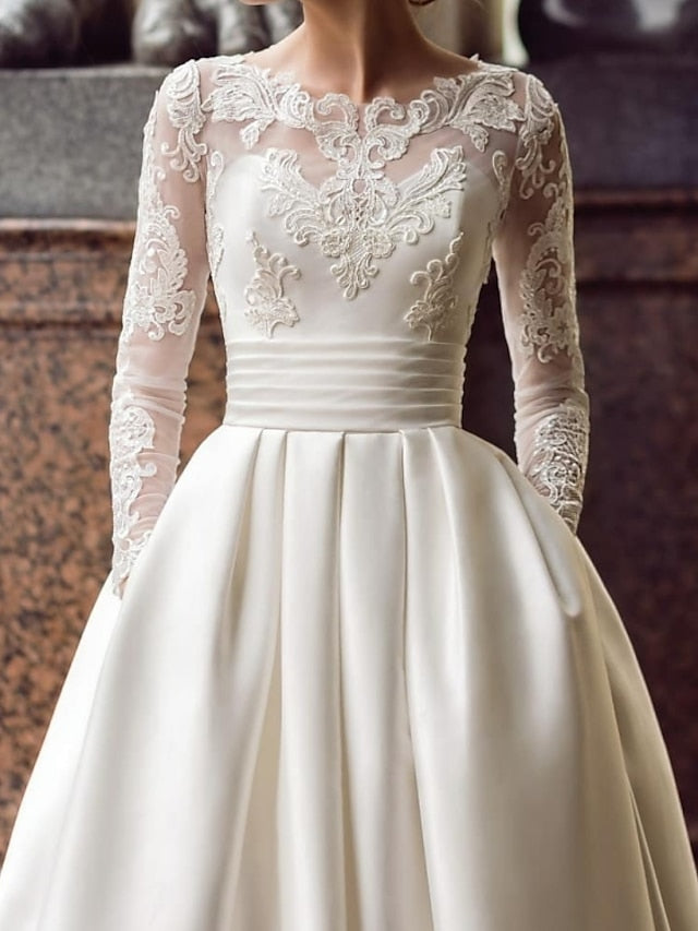 Engagement Vintage Formal Wedding Dresses Ball Gown Illusion Neck Long Sleeve Court Train Satin Bridal Gowns With Appliques Pocket 2023 Summer Wedding Party, Women's Clothing - LuckyFash™