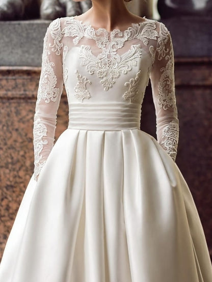 Engagement Vintage Formal Wedding Dresses Ball Gown Illusion Neck Long Sleeve Court Train Satin Bridal Gowns With Appliques Pocket 2023 Summer Wedding Party, Women's Clothing - LuckyFash™