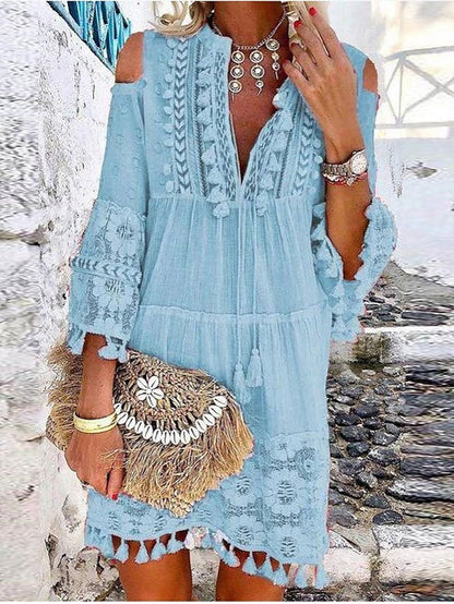 Women's Dress - Shift Dress Boho Dress Mini Dress White Yellow Pink 3/4 Length Sleeve Pure Color Tassel Fringe Summer Spring V Neck Vacation Loose Fit 2023 S M L XL XXL 3XL 4XL 5XL