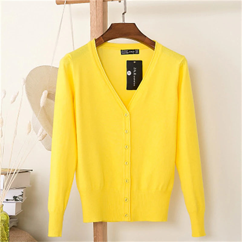 Women's Cardigan Sweater V Neck Knit Cotton Button Knitted Thin Summer Spring Outdoor Work Daily Stylish Casual Soft Long Sleeve Pure Color Yellow Wine Camel M L XL