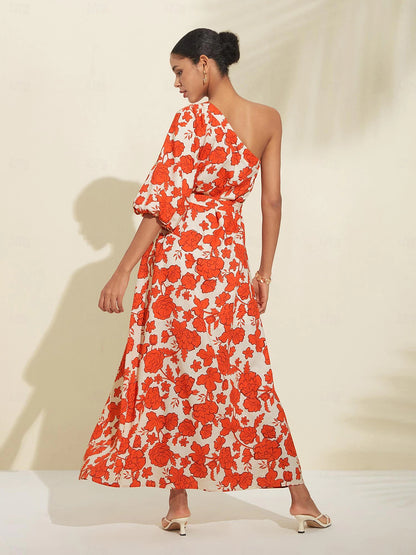 Floral Diagonal Neck Maxi Dress