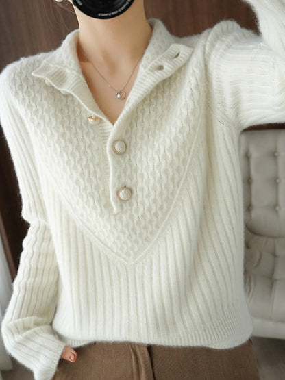 Women's Cardigan Stand Collar Ribbed Knit Polyester Button Knitted Fall Winter Regular Outdoor Daily Going out Stylish Casual Soft Long Sleeve Solid Color White Khaki S M L