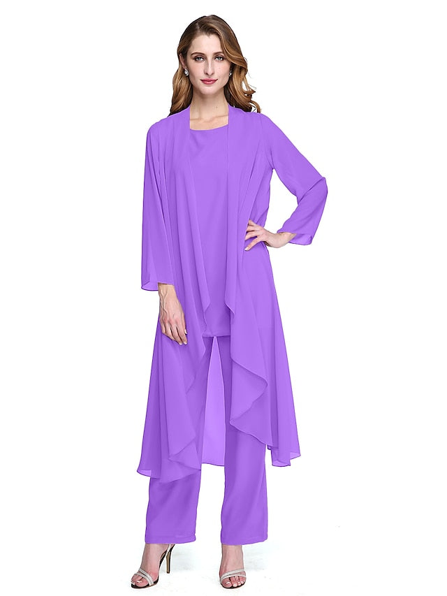 Jumpsuit / Pantsuit Mother of the Bride Dress Plus Size Elegant Bateau Neck Floor Length Chiffon Sleeveless yes with Solid Color 2023 - LuckyFash™