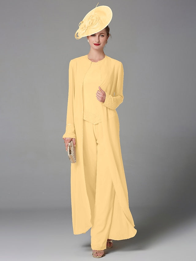 Jumpsuit / Pantsuit 3 Piece Mother of the Bride Dress Formal Plus Size Elegant Wrap Included Bateau Neck Floor Length Chiffon Sleeveless with Beading Appliques 2023 - LuckyFash™